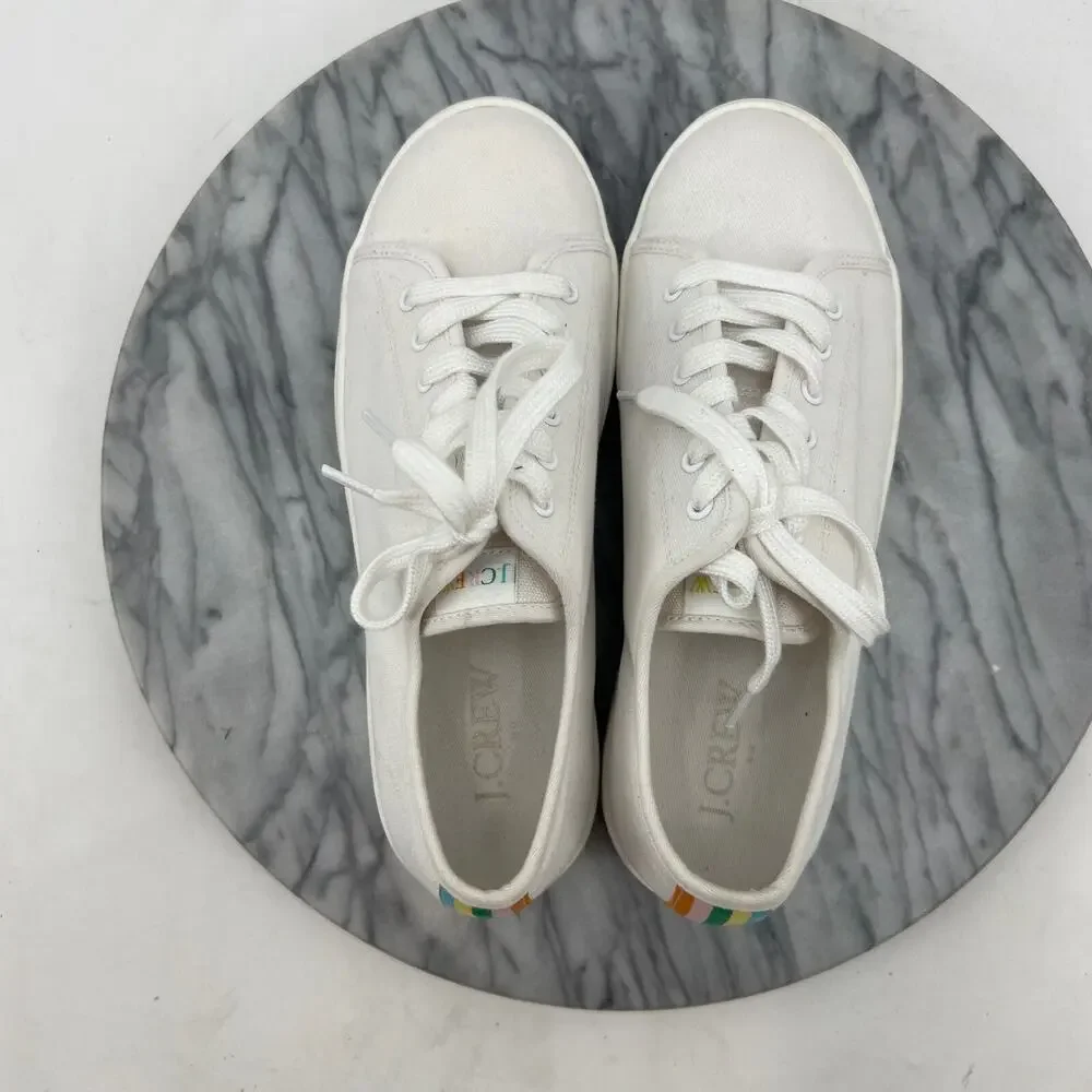J Crew‎ Womens 6 Sneakers White Canvas Platform Low Top Lace Up Casual Shoes